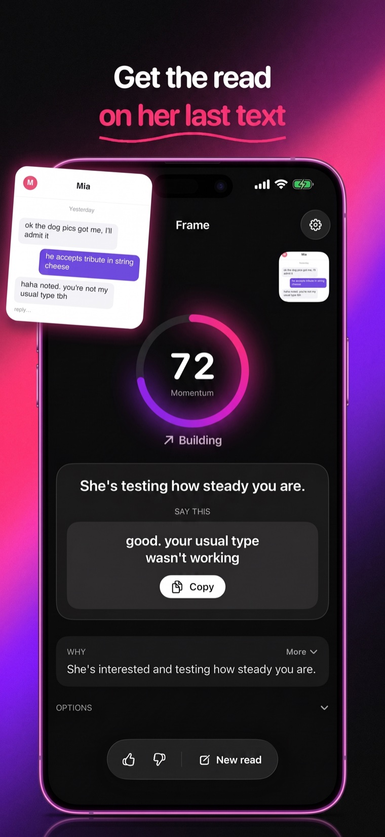 Frame app screen showing a conversation read and suggested move